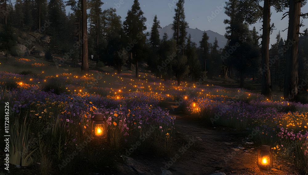 Poster enchanting night scene a path through a field of wildflowers illuminated by glowing lanterns under a