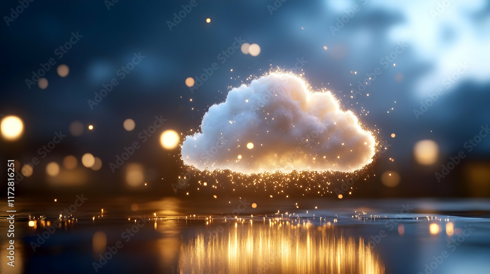 Poster luminous cloud computing concept glowing cloud over city lights, representing data storage and proce
