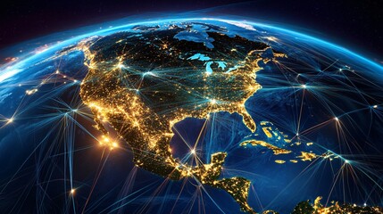 A vibrant view of North America illuminated by city lights and interconnected networks, showcasing global connectivity at night.