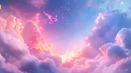 A vibrant magical sky with a powerful dragon flying among shimmering clouds 