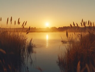 Serene sunrise over calm misty lake with reeds.
