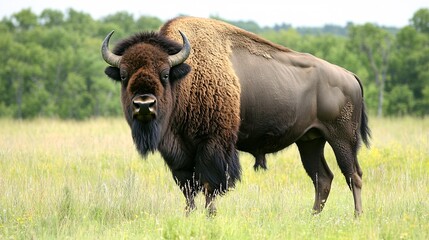 A majestic American bison stands proud in a lush green meadow, exemplifying the beauty of wildlife.