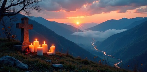 Fototapeta premium Graveyard candles burn brightly on a hill overlooking a valley shrouded in mist, dawn, valley