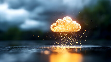 Glowing cloud data rain; digital transformation, stormy sky background; website banner, tech article illustration