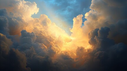Heavenly light breaking through dramatic clouds in a celestial sky.