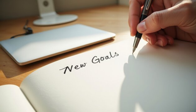 Handwriting "New Goals" in notebook on wooden desk
