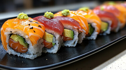 Rainbow sushi roll on black plate in kitchen, ready to serve