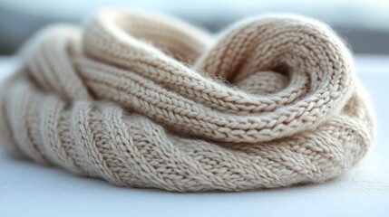 Soft beige knitted wool fabric texture.
