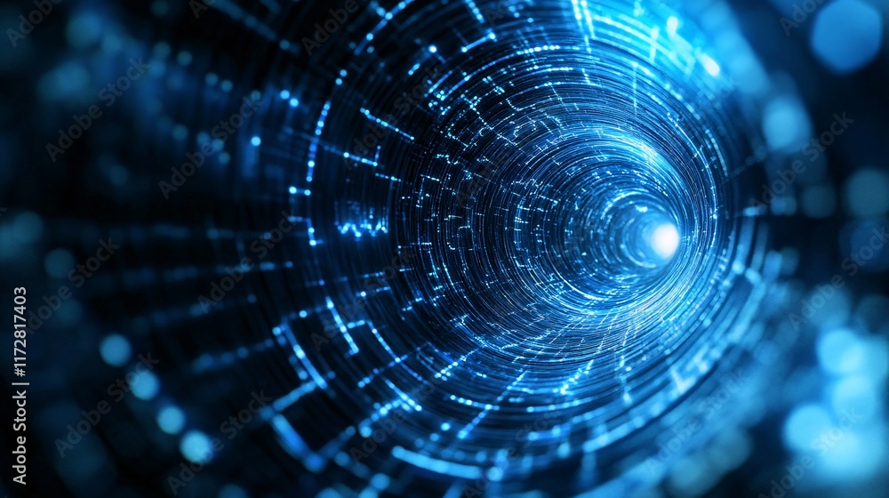 Poster a mesmerizing blue digital tunnel, swirling with pulsating light and patterns, evoking a sense of de