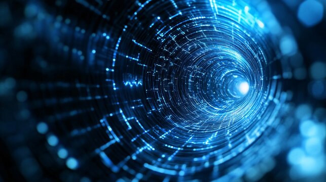 A mesmerizing blue digital tunnel, swirling with pulsating light and patterns, evoking a sense of depth and motion.