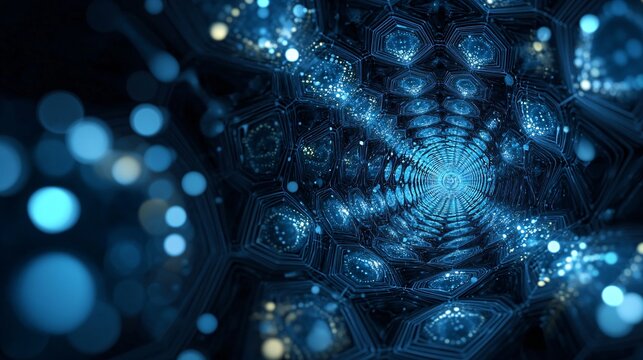 A mesmerizing view of a digital tunnel filled with blue hexagonal patterns and glowing particles, evoking a sense of deep space exploration.