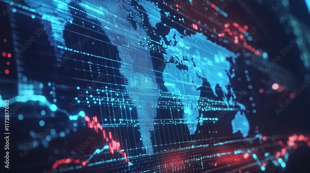 Poster a digital world map visualized in vibrant blue and red tones, representing data flow and connectivit