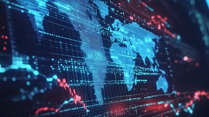 A digital world map visualized in vibrant blue and red tones, representing data flow and connectivity.