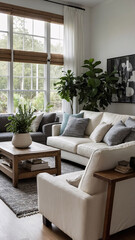 Comfortable and cozy traditional rural home living room with neutral sofa large windows and patterned rug beneath the furniture