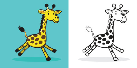 Cute giraffe cartoon jumping good for design element or coloring book element © White