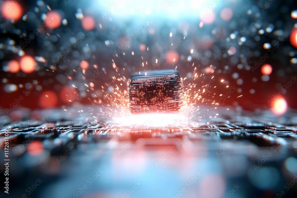 Poster glowing cube activating futuristic circuit board; sparks and bokeh background; technology concept fo