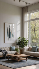 Fototapeta premium Comfortable traditional living room with neutral color sofa large windows and colorful rug under the furniture