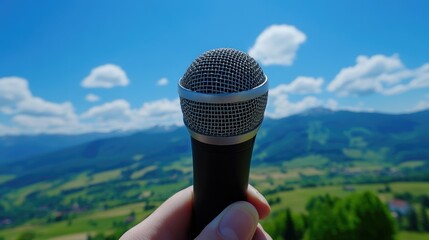 Microphone Against Scenic Mountain Landscape on a Clear Day