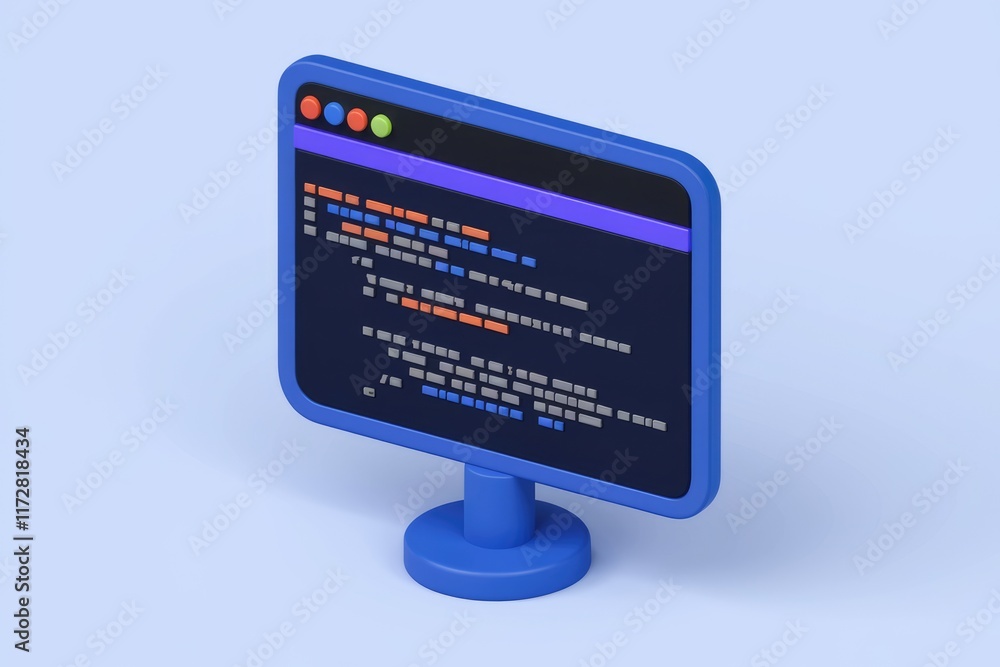 Poster 3D rendering of a computer monitor displaying code.