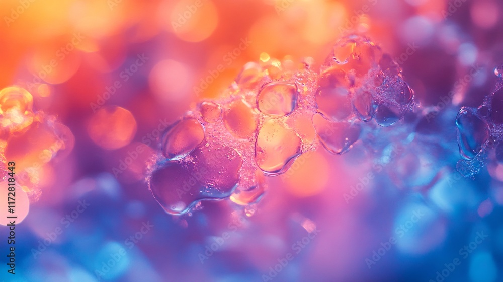 Poster a vibrant abstract image showcasing colorful bubbles in a dreamlike atmosphere with a blend of orang