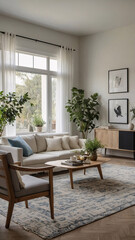 Fototapeta premium Cozy and bright traditional rural living room with neutral toned couch expansive windows and wool rug under the furniture