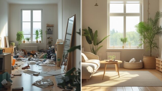Messy to tidy room transformation with natural light