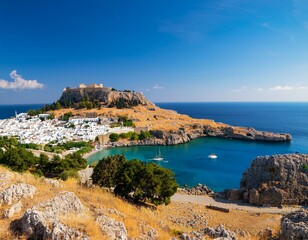 Obraz premium Lindos – panoramic view of St. Paul bay with acropolis of Lindos in background (Rhodes, Greece)