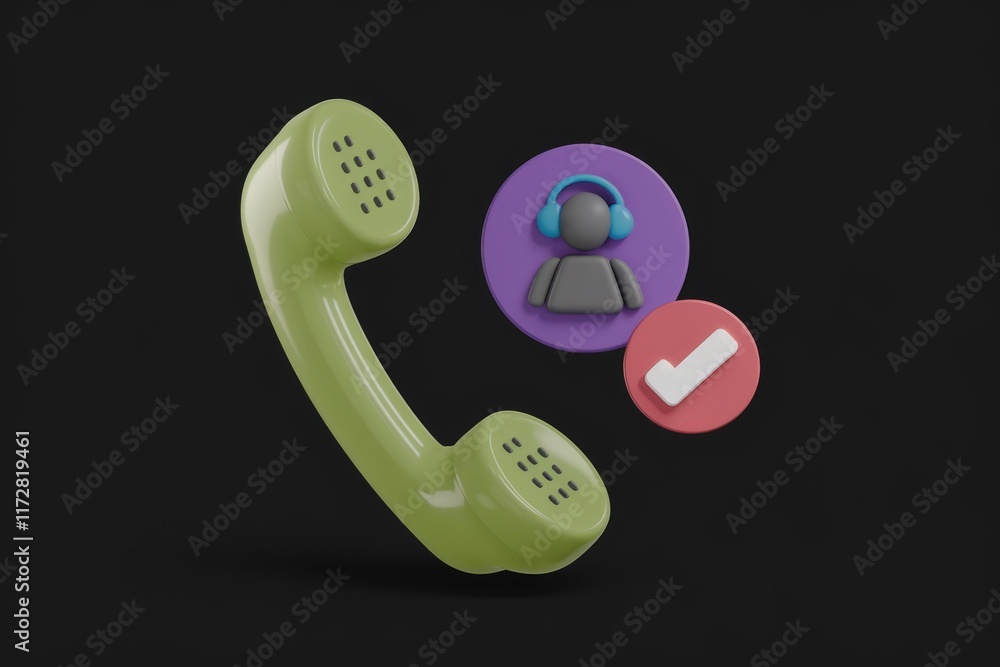 Poster green phone receiver with support icon and checkmark