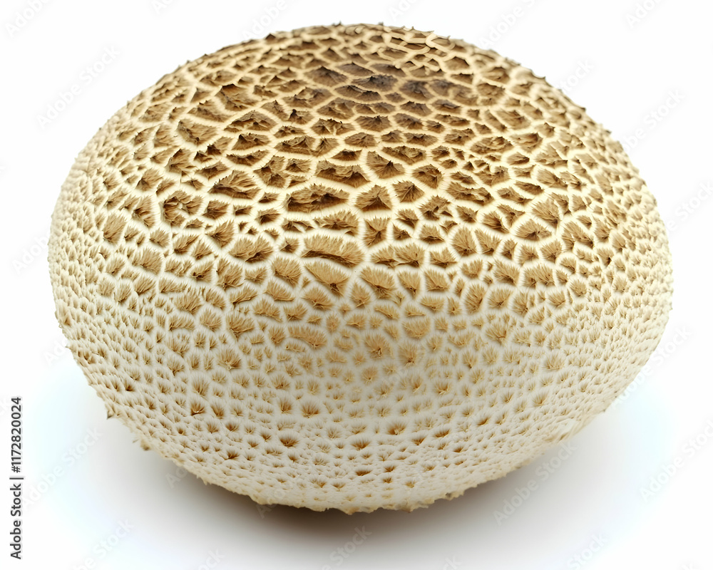 Poster detailed close-up of a single, mature parasol mushroom against a clean white background. its texture