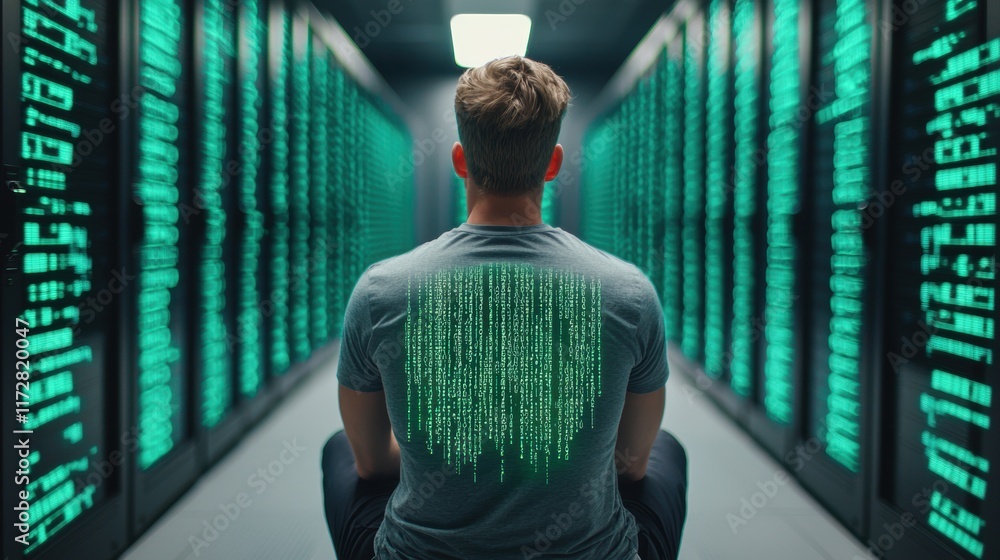 Poster person with digital code pattern in data center environment