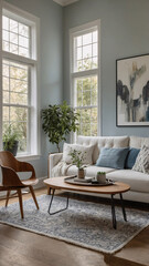 Fototapeta premium Elegant rural home interior with neutral color couch large windows and soft area rug beneath furniture