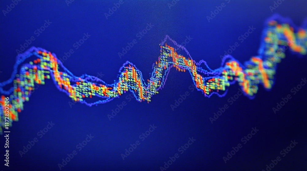 Poster colorful digital data visualization showing a fluctuating graph on a blue background.
