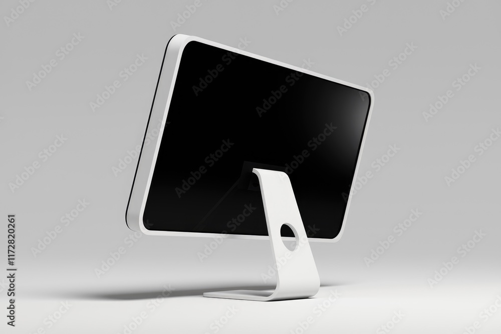 Poster White desktop computer with black screen  viewed from behind.