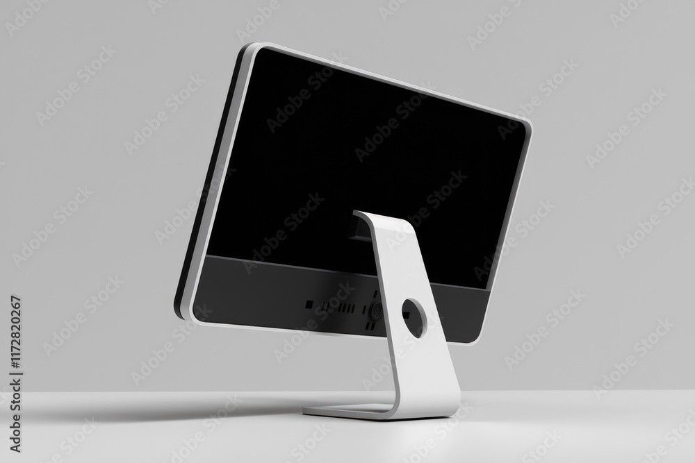 Poster a sleek modern desktop computer with a black screen and a white stand.