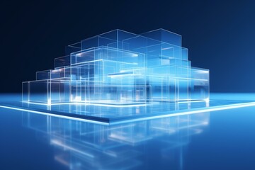 Futuristic glass architecture glowing on reflective blue surface, creating a modern and abstract scene