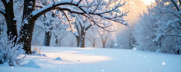 Softly falling snow covers the ground and tree branches, snow, stillness, serene