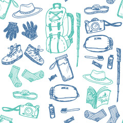 Vector white simple straight seamless doodle sketch pattern with objects for trekking and hiking. Suitable for textile, wallpaper and trekking brochures.