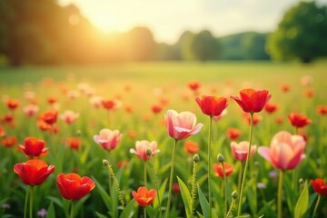 Obraz premium Soft focus of a field of flowers in warm sunlight, soft, landscape