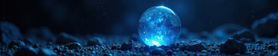 Fototapeta premium Soft blue light emanates from within an ancient crystal ball, relic, crystal