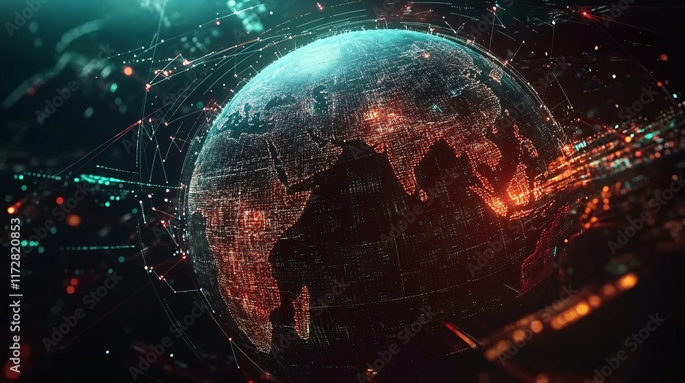 Aufkleber a vibrant digital globe showcasing a network of connections, highlighted by glowing data points acro