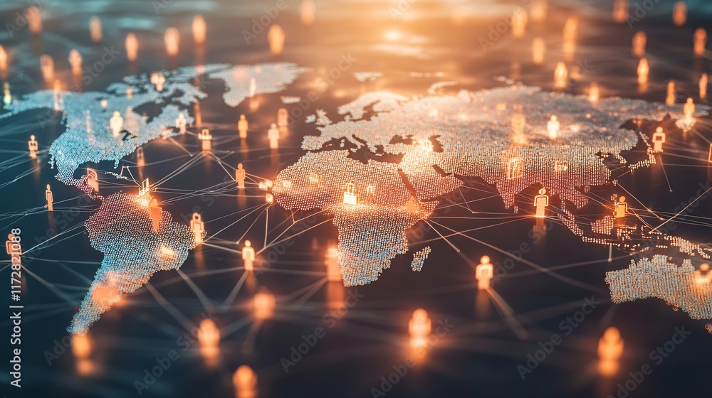Poster digital global network visualization with interconnected people icons across a world map.