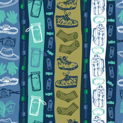 Vector blue vertical stripes seamless doodle sketch pattern with objects for trekking and hiking. Suitable for textile, wallpaper and trekking brochures.
