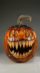 glowing pumpkin spooky carved teeth gray background