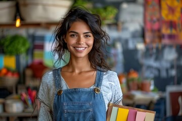 A joyful young woman cradling a memory-filled photo album