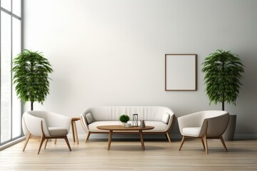 Minimalist interior design featuring a comfortable seating area with sofa, armchairs, coffee table, plants and a blank frame for mockup