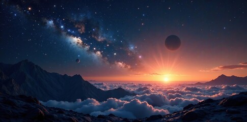 Fototapeta premium Vast galaxy of stars and planets in a blue and gold sky, Stellar Field, Infinite Horizon, Cosmic