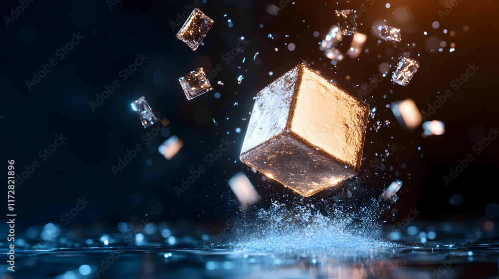 Poster glowing cube shattering; particles splash; dark background; abstract concept; for tech or energy vis
