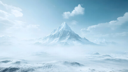 Majestic snow-capped mountain peak rising above a misty, winter landscape. Serene, cold, and breathtaking view.
