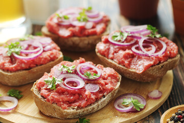 Traditional German sandwiches with minced meat Mettbroetchen	