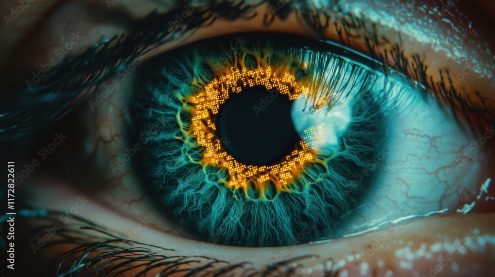Poster intricate close-up of a human eye with digital data pattern